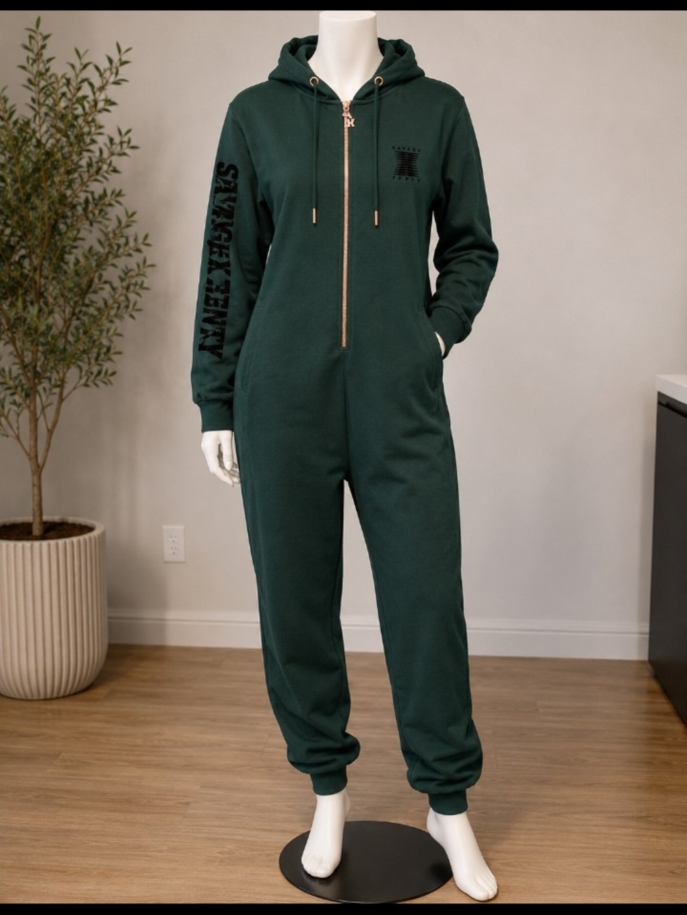 Savage X Fenty Dark Green Hooded Zip Jumpsuit with Gold Hardware